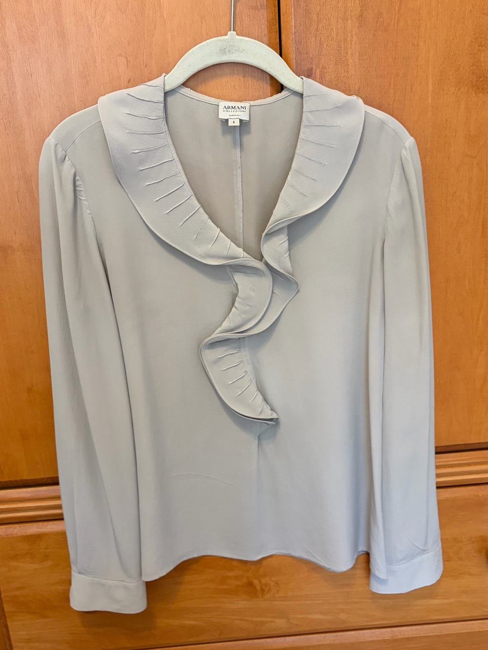 Armani Exchange Light Gray Ruffle-Trim Blouse